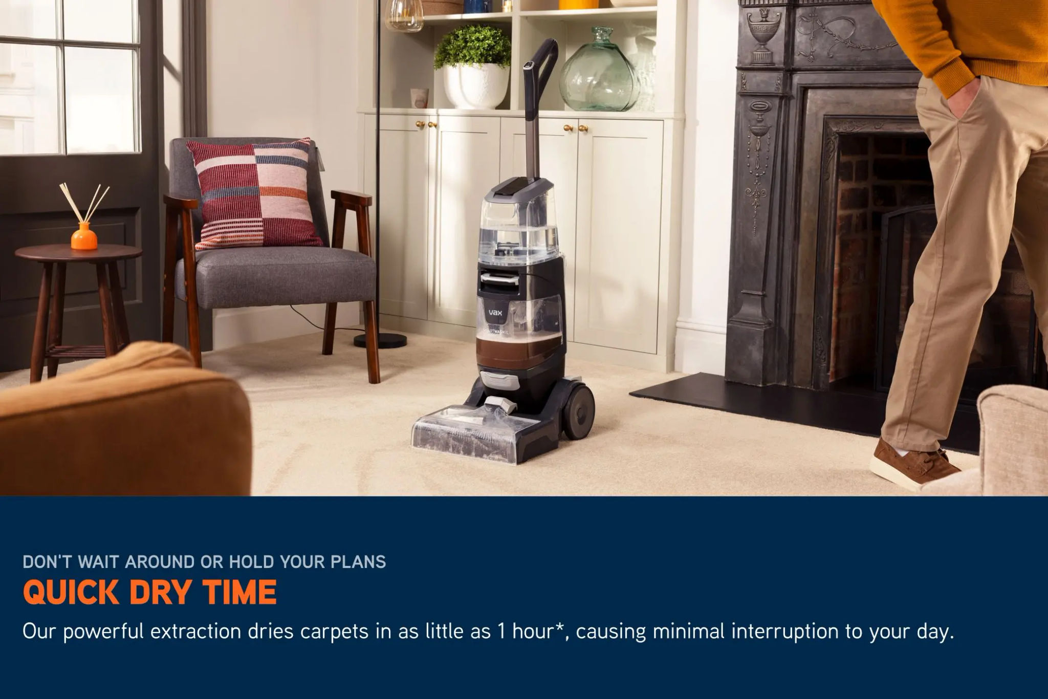 Carpet cleaner standing upright on a cream carpet after cleaning, with a drying time graphic overlay