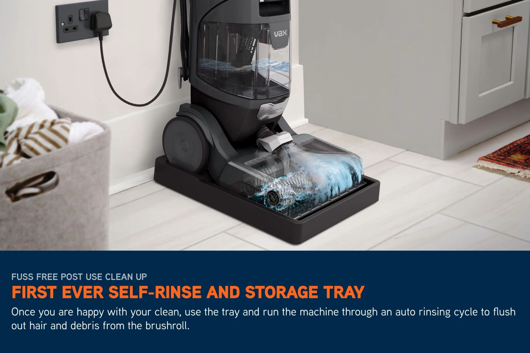 SmartWash XL Advanced Carpet Cleaner plugged into a wall running through its auto rinsing cycle to flush out hair and debris from the burshroll