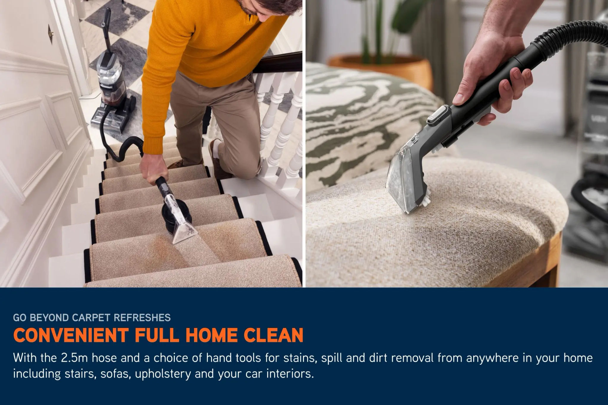 Split image of the SmartWash XL Advanced Carpet Cleaner one side shows the carpet cleaner cleaning stairs 2 using the SpinScrub hand tool and hose. The other split image demonstrates another use of it being used to clean upholstery using the 2-in-1 Antimi