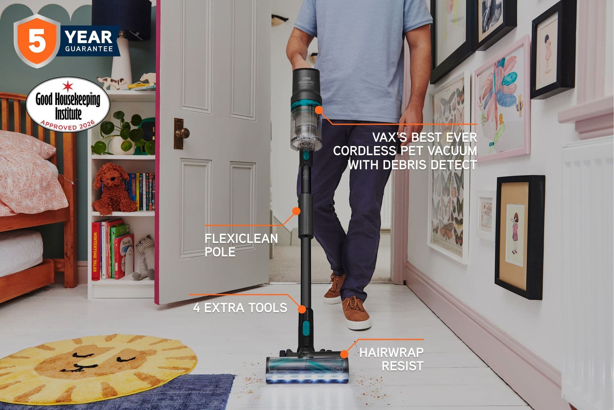 Cordless HomePro Detect Pet-Design Vacuum cleaning being pushed over crumbs on tile flooring.