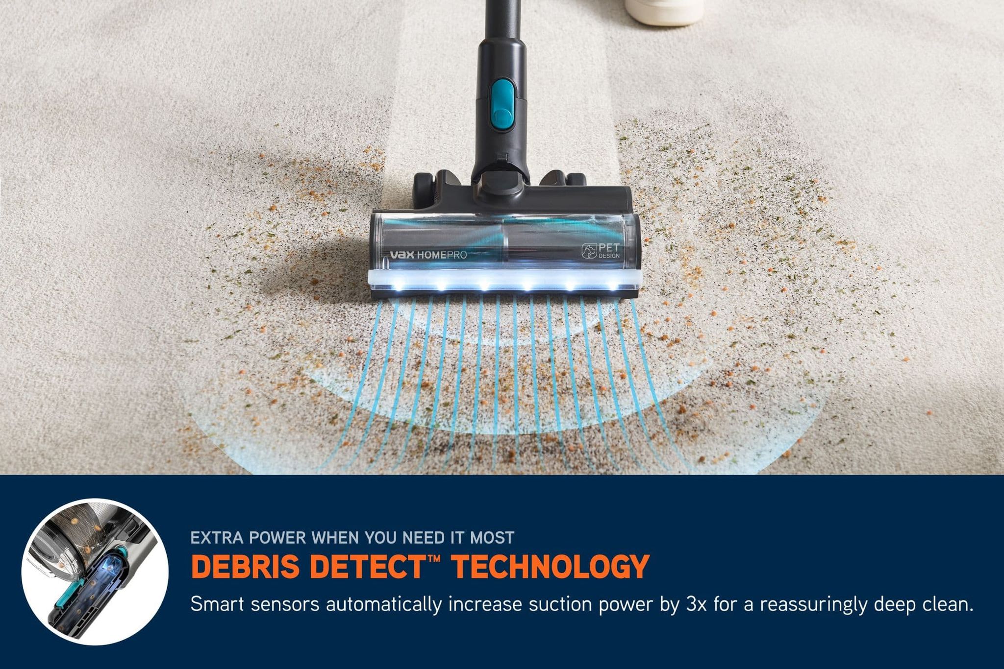 Debris Detect Technology activating on a carpet, automatically increasing suction power in response to a high concentration of crumbs and dirt