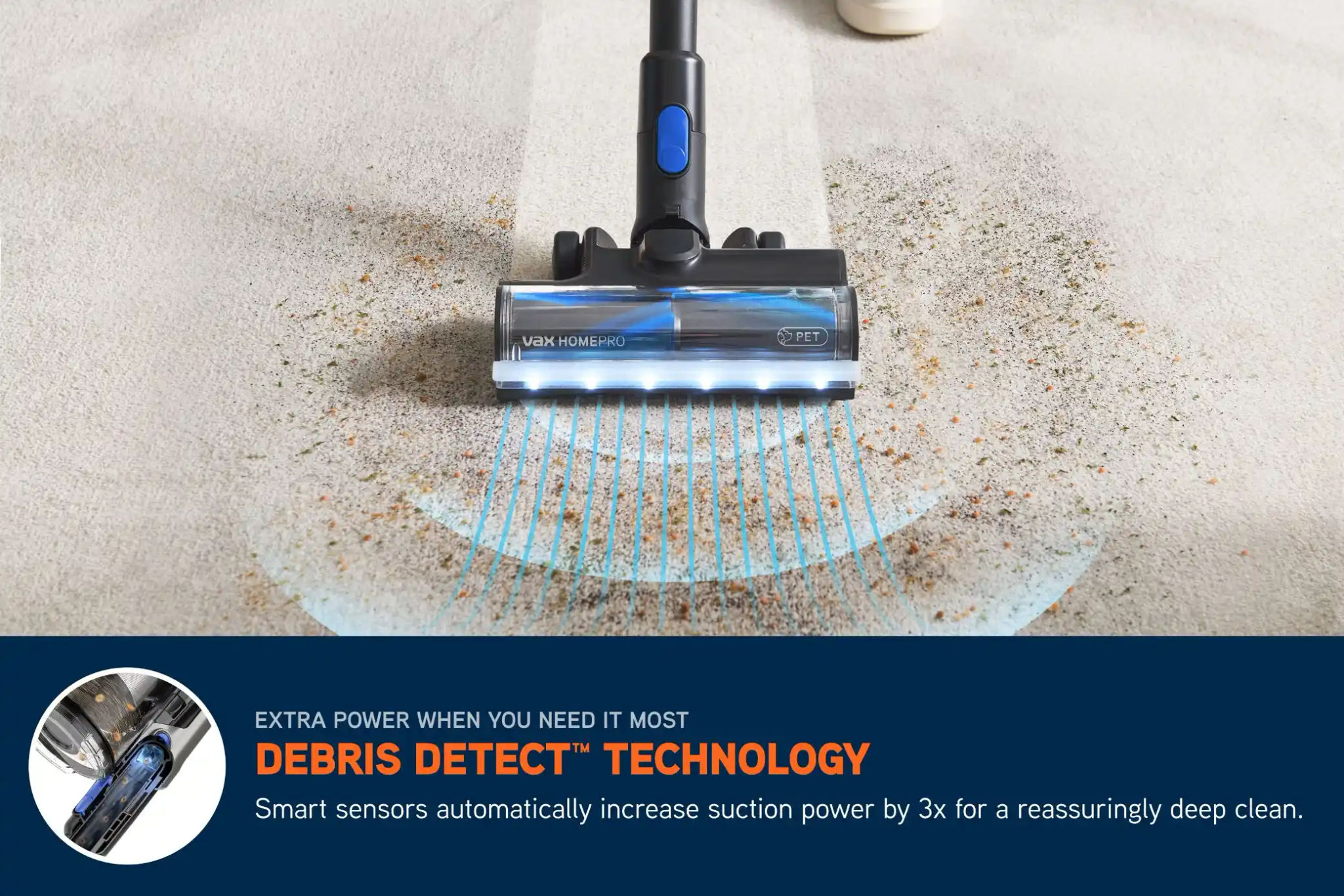 Debris Detect Technology activating on a carpet, automatically increasing suction power in response to a high concentration of crumbs and dirt