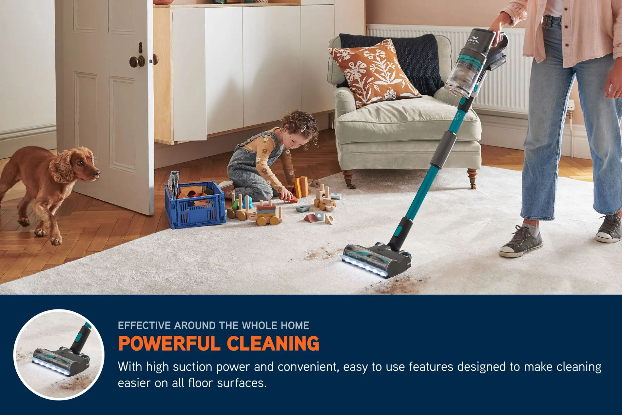 Cordless HomePro Pet-Design vacuum cleaner pulling up pet mud off of a living room rug