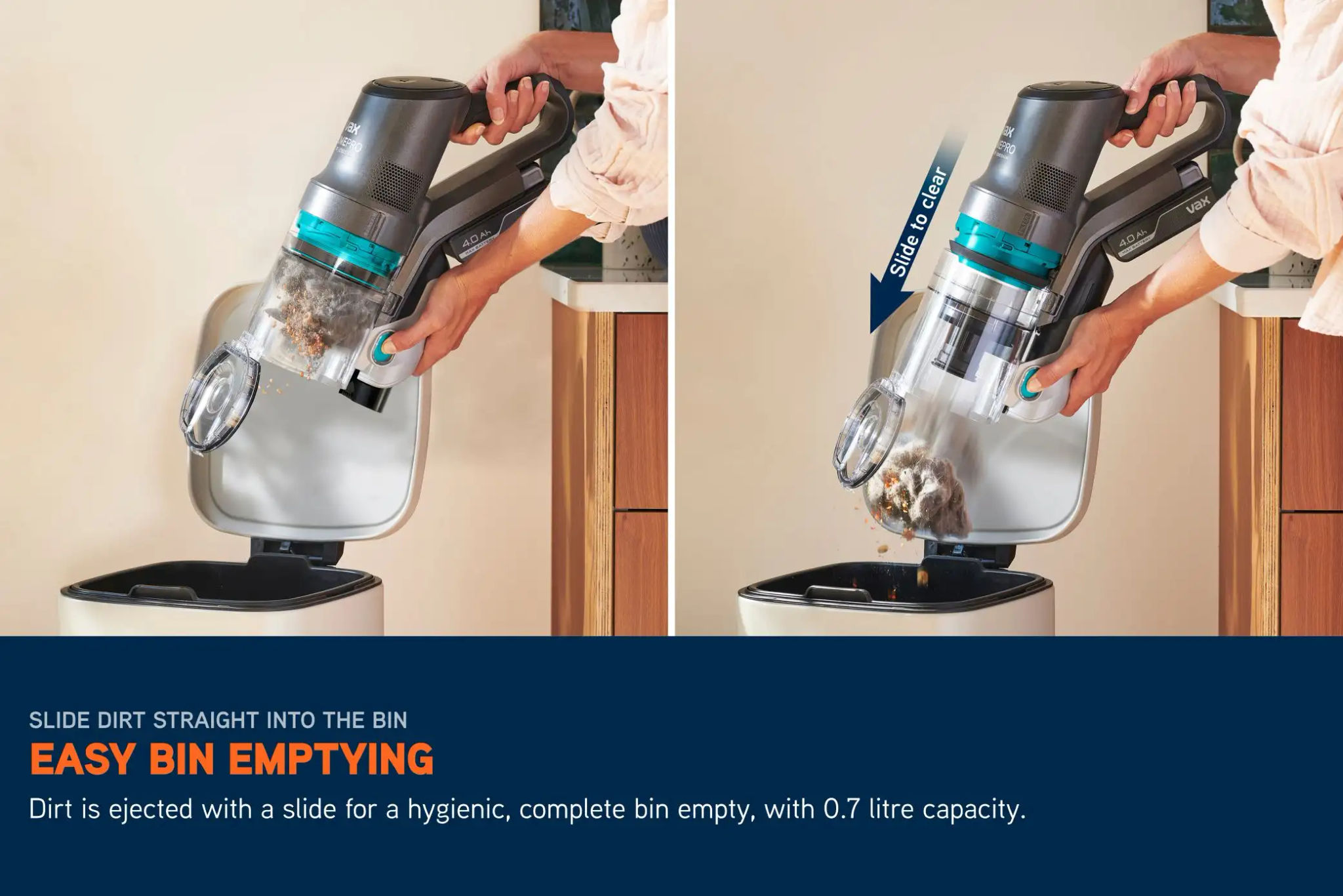 HomePro Pet-Design Vacuum contents being emptied into a bin, with an arrow demonstrating a simple slide-to-empty motion