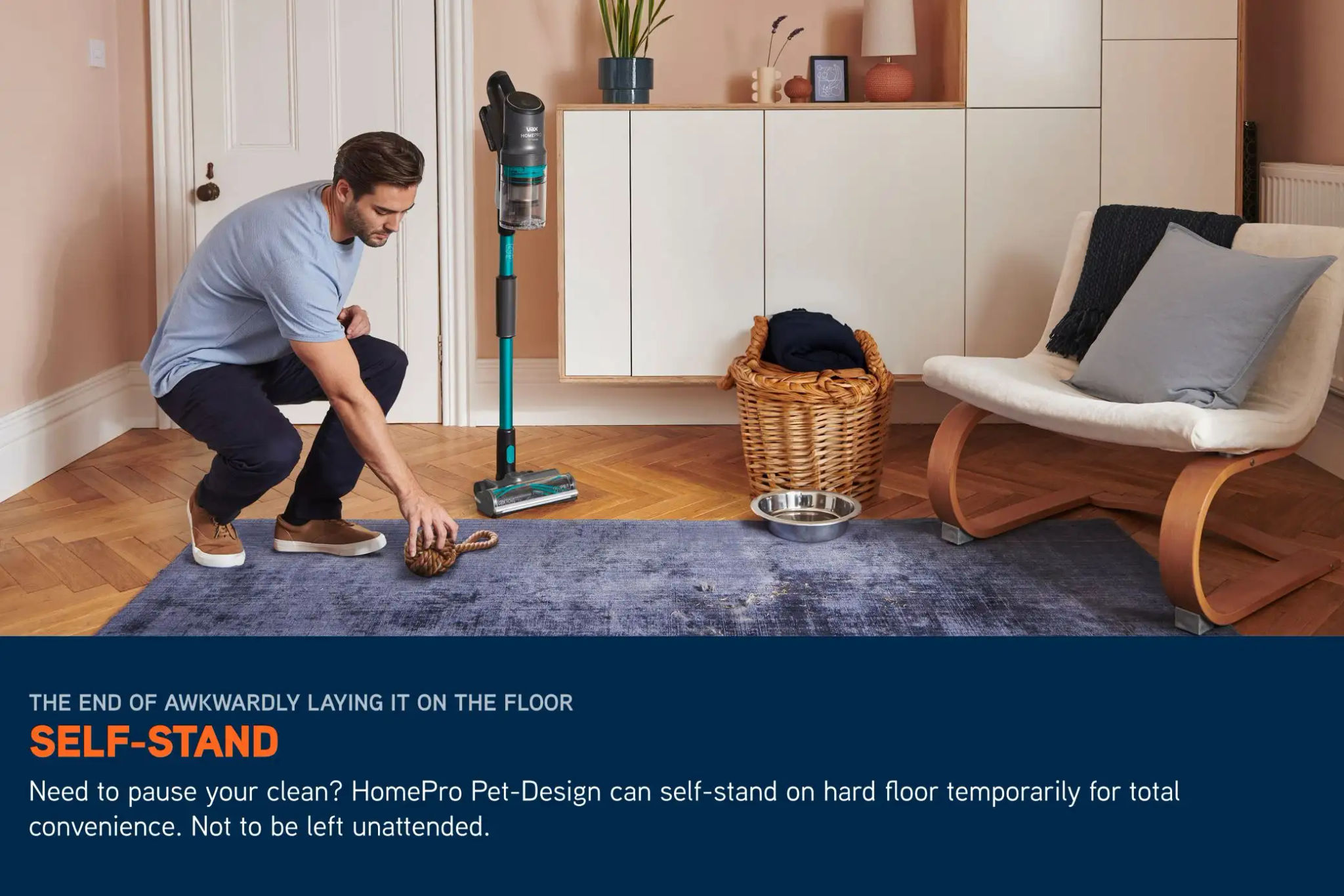 HomePro Cordless vacuum self-standing independently on a hardwood floor. 