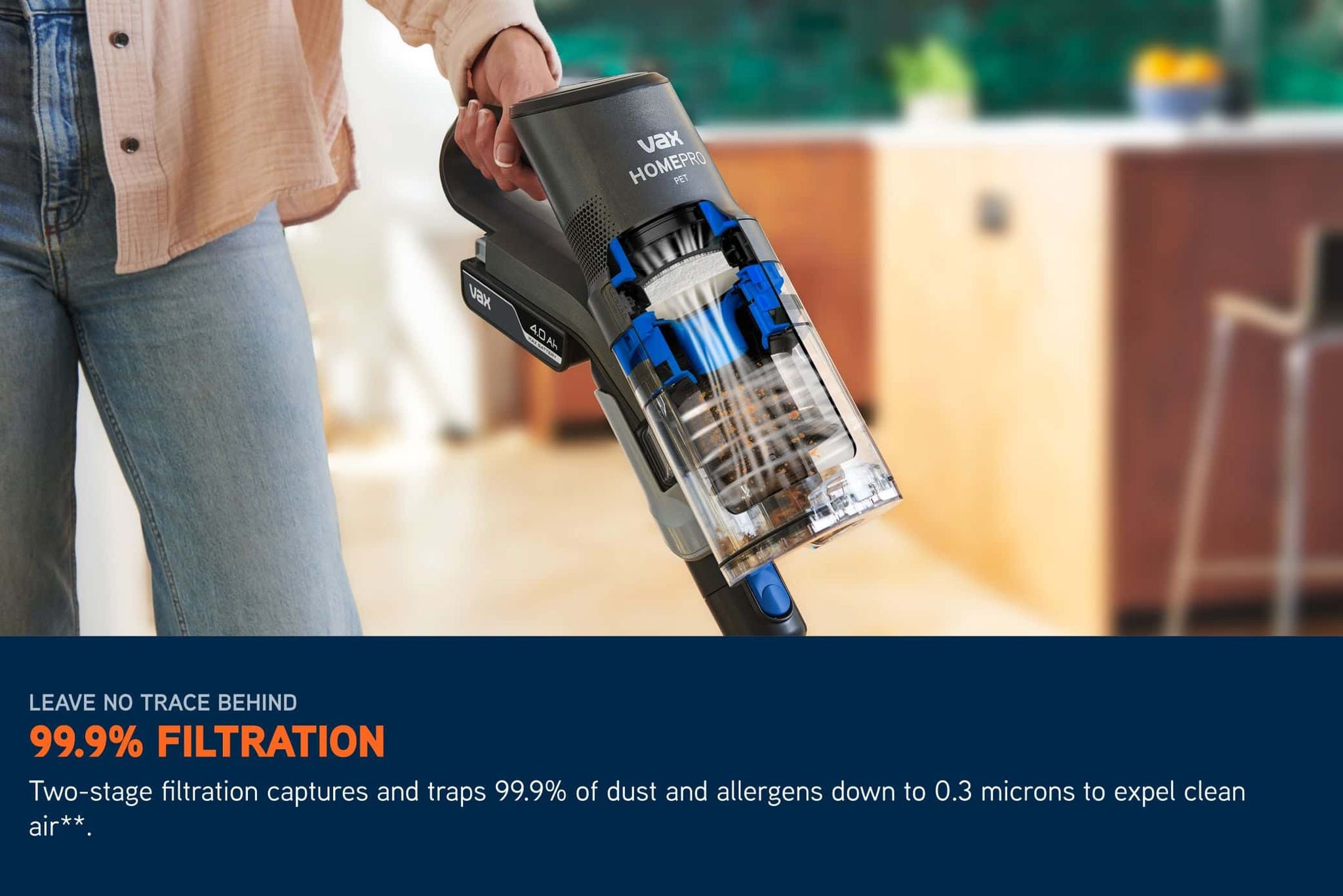 Dirt and crumbs being captured in a HomePro Pet vacuum filter while the vacuum cleaner is in use.