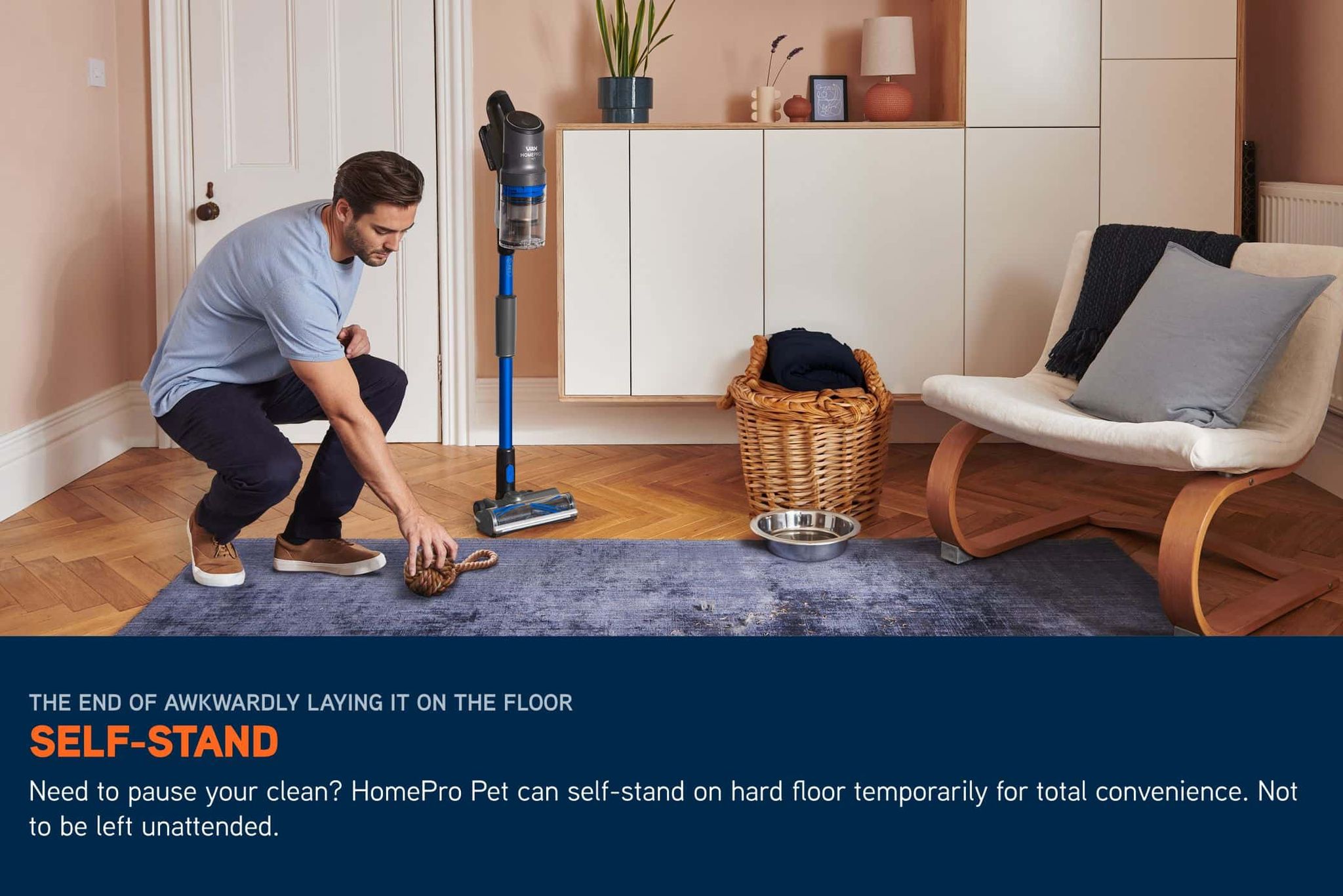 HomePro Pet Cordless vacuum self-standing independently on a hardwood floor. 