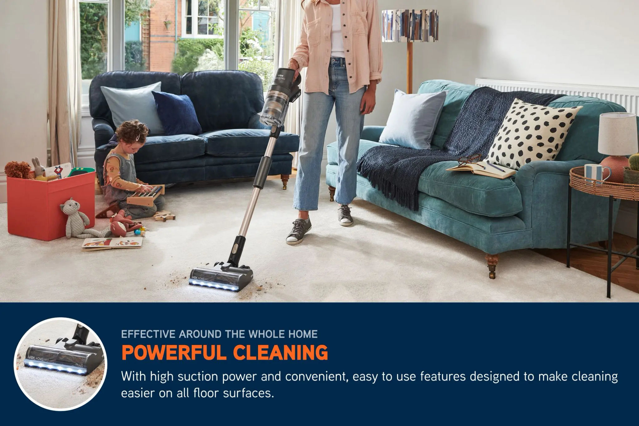 Cordless HomePro Plus vacuum cleaner pulling up stains and crumbs off of a living room carpet