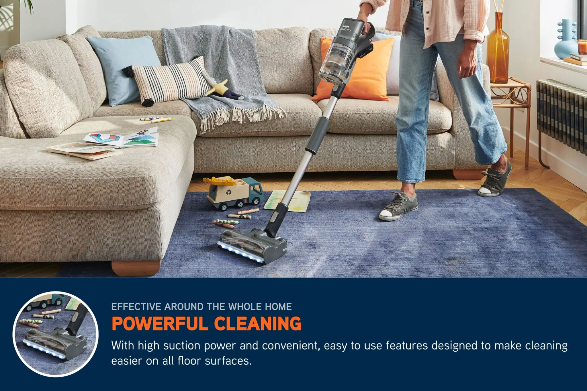 Cordless HomePro vacuum cleaner pulling up stains and crumbs off of a living room rug