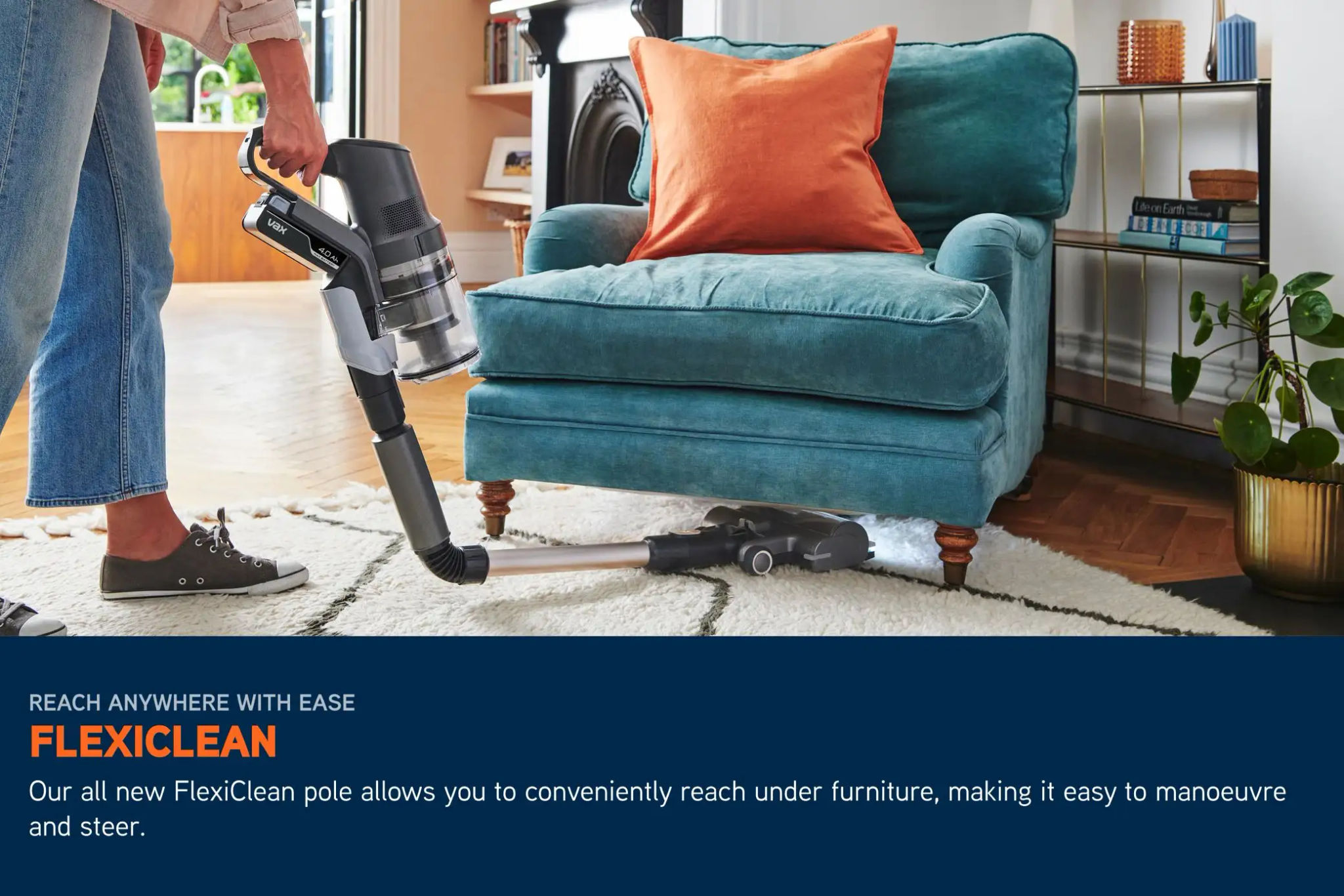 Cordless  HomePro vacuum pole bending underneath a chair to clean dirt, with LED lights illuminating the floor beneath