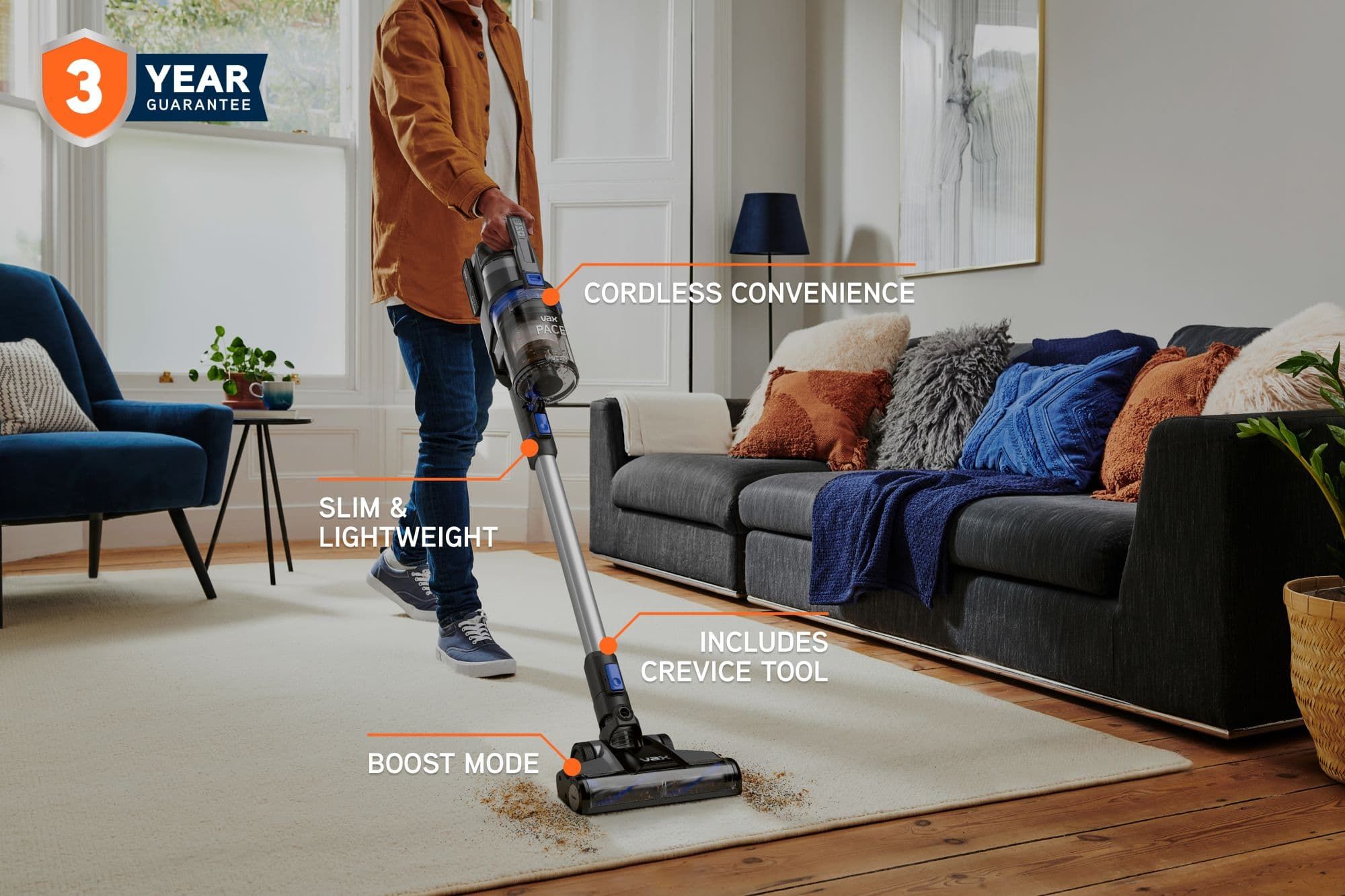 The VAX Pace Cordless Vacuum with key featured called out including cordless convenience, slim and lightweight, boost mode and included crevice tool