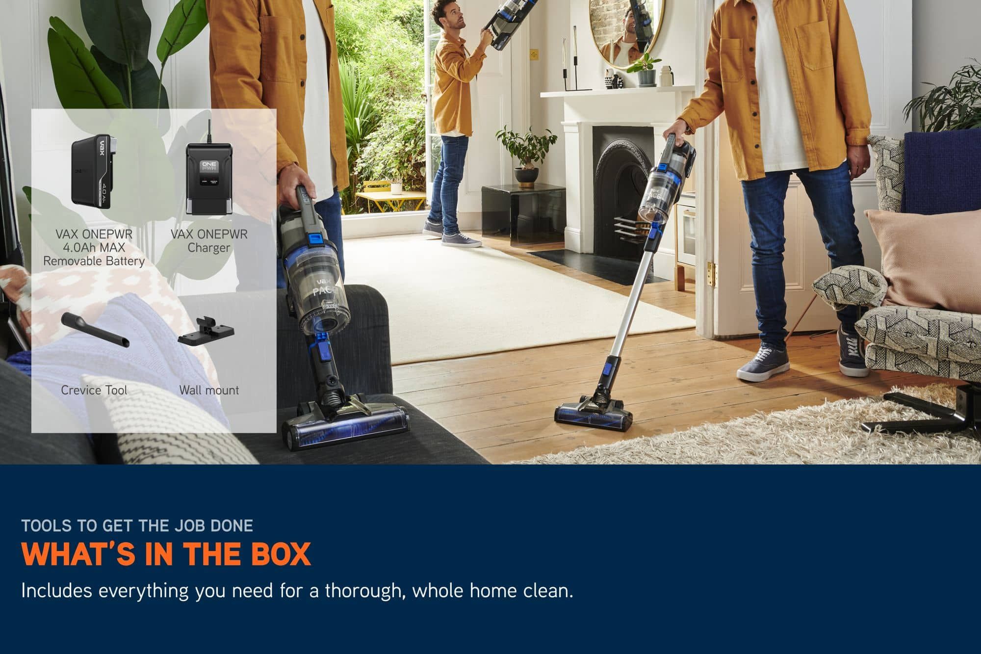 What's in the box with the VAX Pace Cordless Vacuum? Includes a ONEPWR Removable Battery, Battery charger, Crevice tool and wall mount 