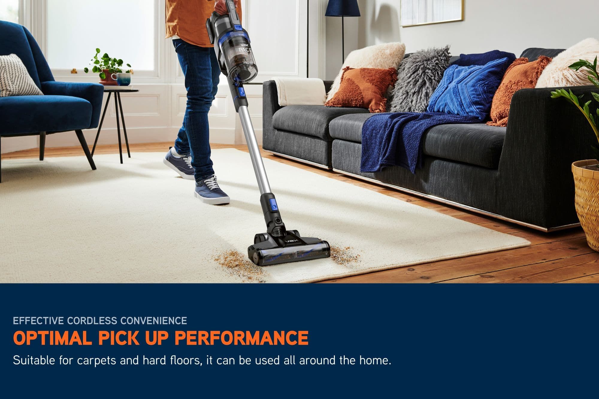 Pace Cordless Vacuum Cleaner sucking up dirt off a cream rug, with text underneath reading: suitable for carpets and hard floor, it can be used all around the home. 