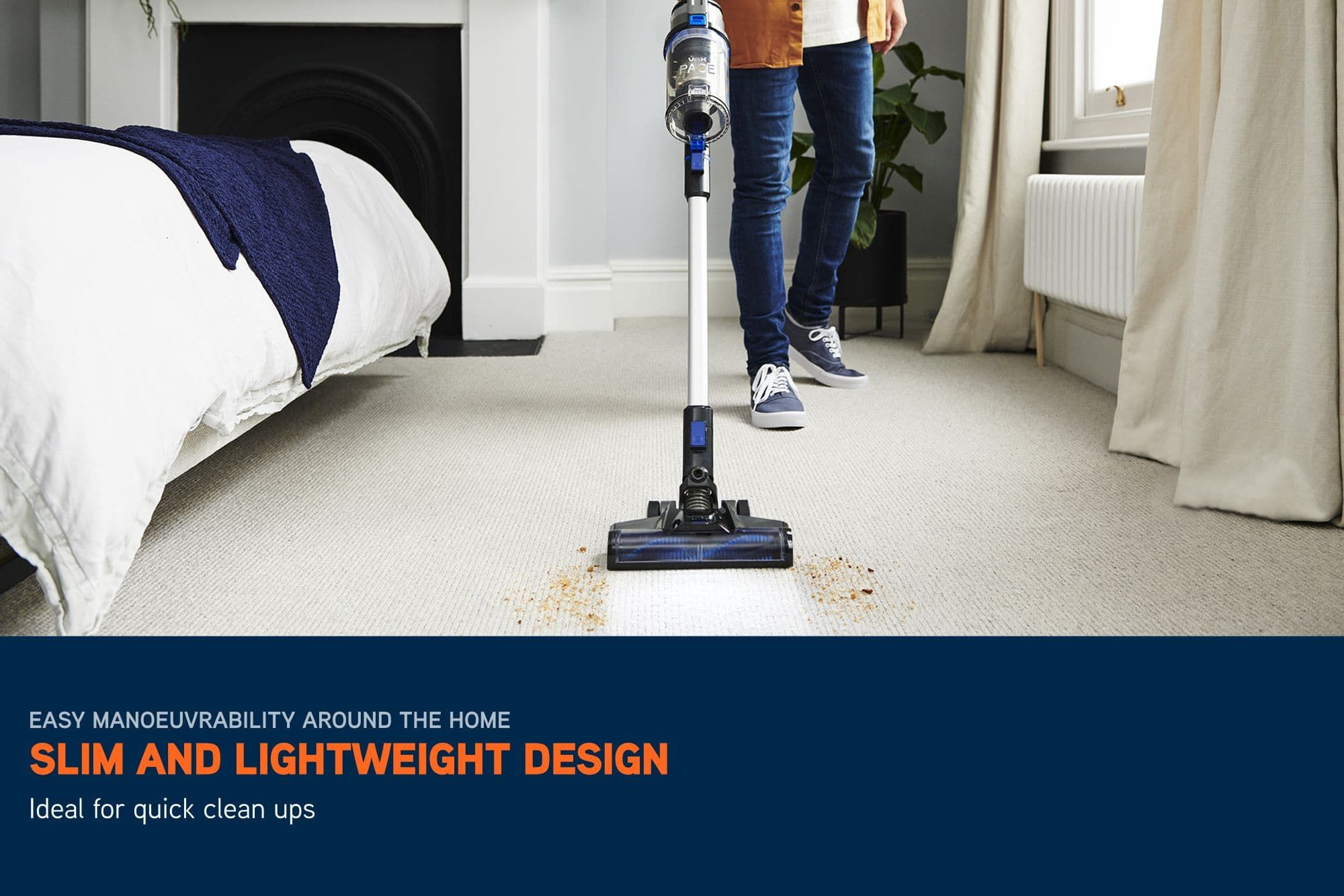 Pace Cordless vacuum picking up crumbs from a bedroom floor. Accompanying text reads: Slim and lightweight design, ideal for quick clean ups. 