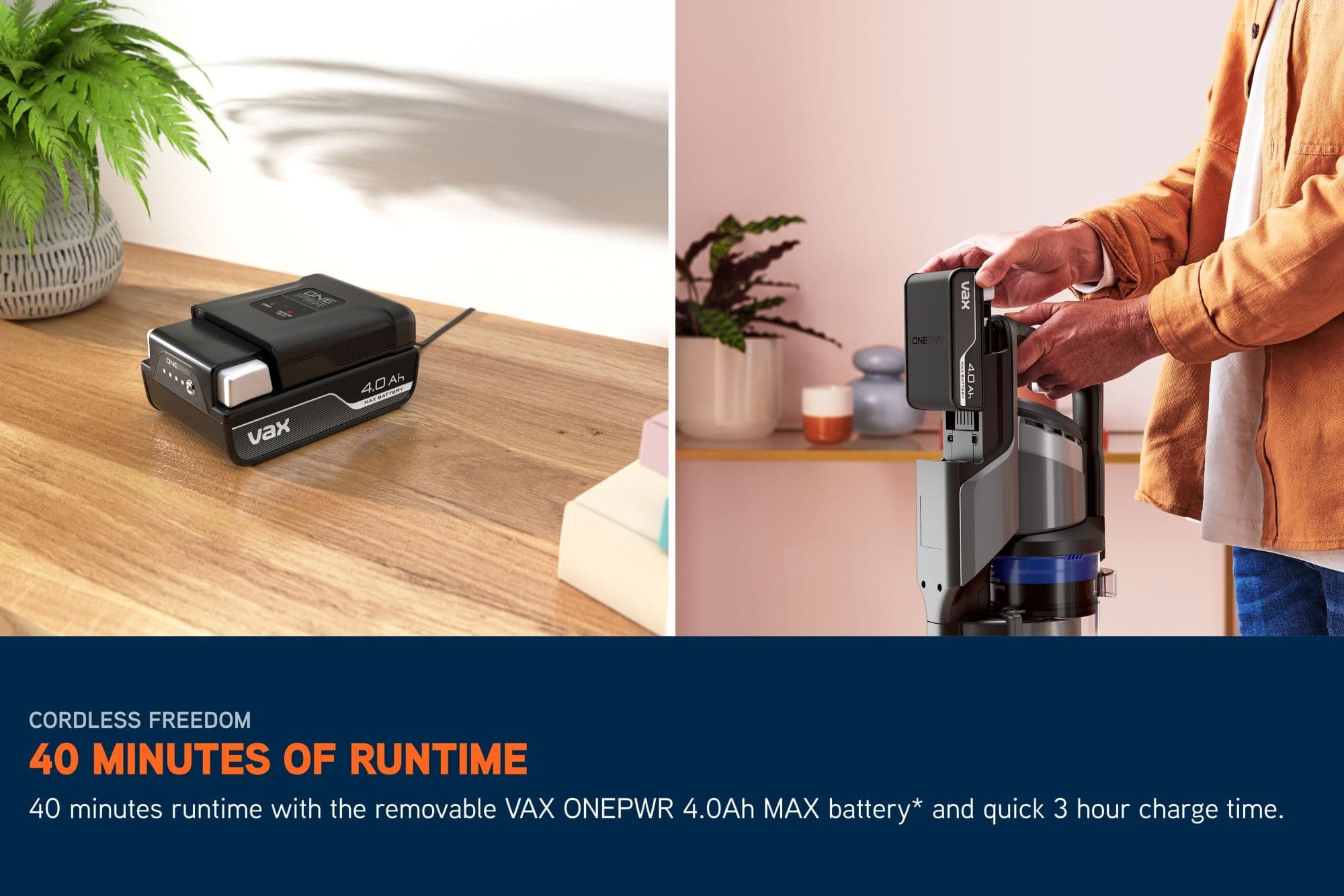 Split image of a VAX ONEPWR Max Battery, the second split image demonstrates the battery being attached to a Pace Vacuum cleaner. Text reads up to 40 minutes of runtime with the removable VAX ONEPWR 4.0Ah MAX battery and quick 3 hours of charge time 