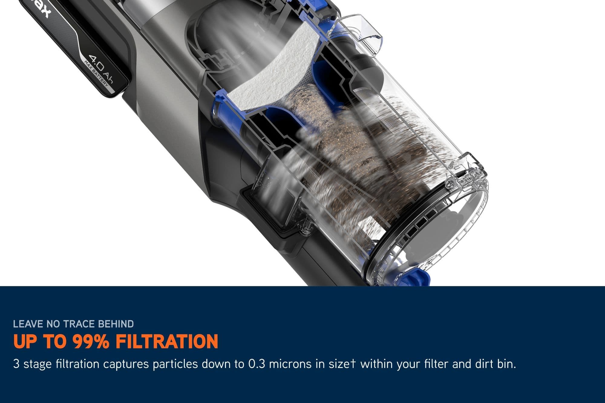 Up to 99% Filtration, 3 stage filtration captures particles down to 0.3 microns in size within your filter and dirt bin.