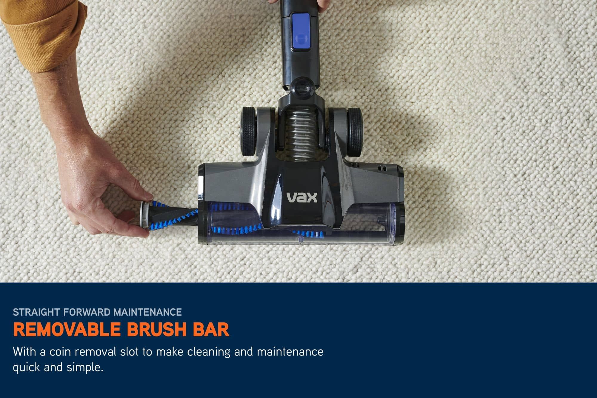 Removable brush bar being taken out of the Pace Cordless Vacuum Cleaner. On image text reads with a coin removal slot to make cleaning and maintenance quick and simple.