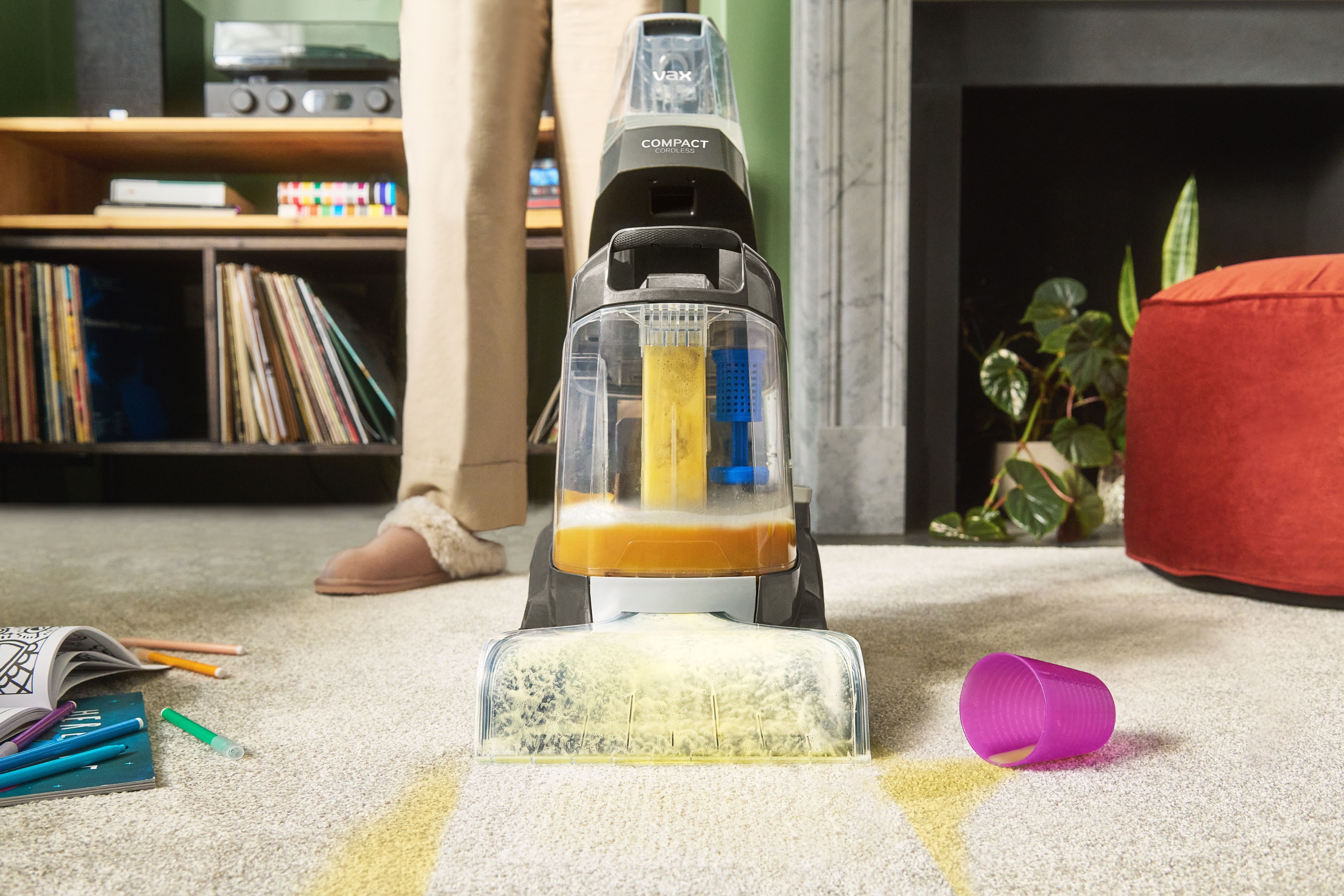 ONEPWR Compact Cordless Carpet Cleaner cleaning up spills